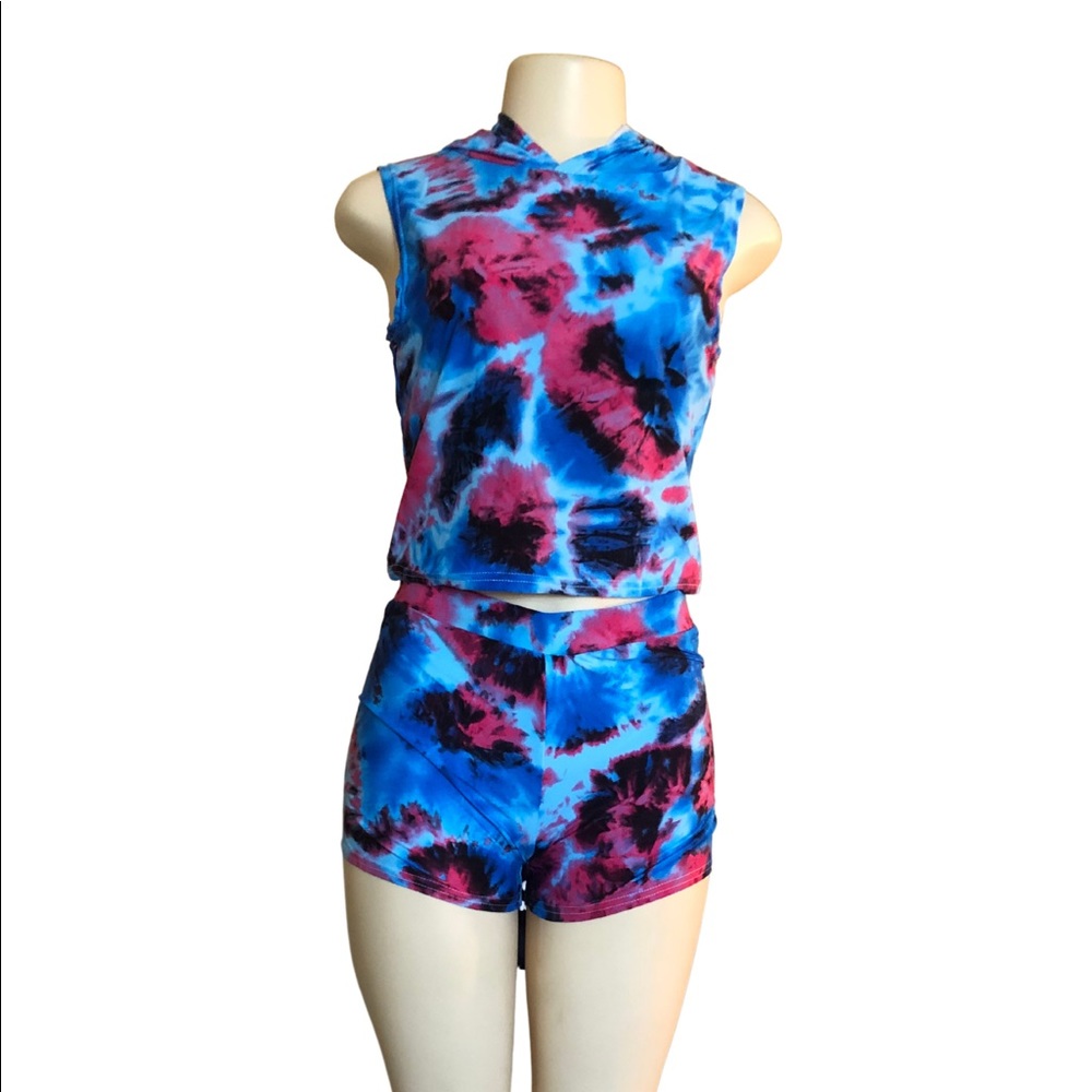 Blue/Pink/Black Tie Dye 2 Piece Short Set